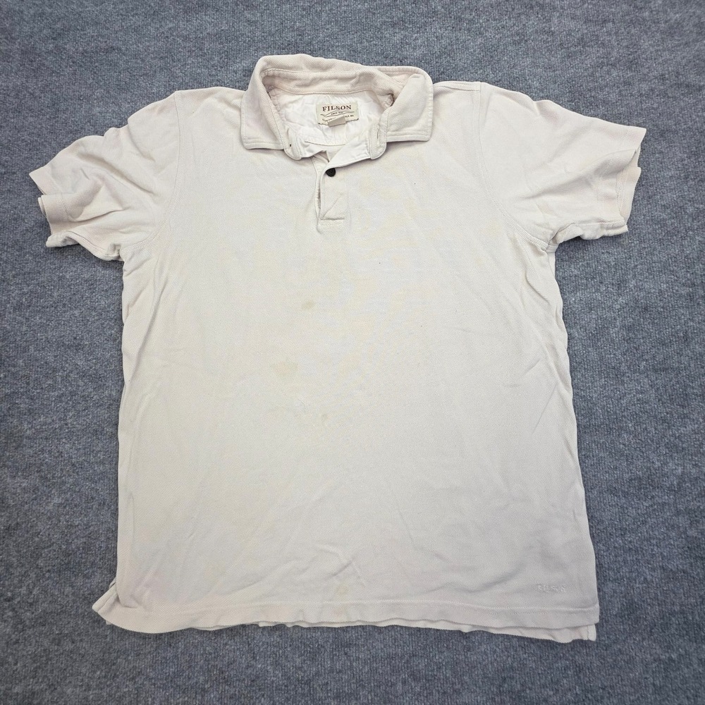Filson Polo Shirt Mens Large White Beige Cotton Short Sleeve Casual *STAINS